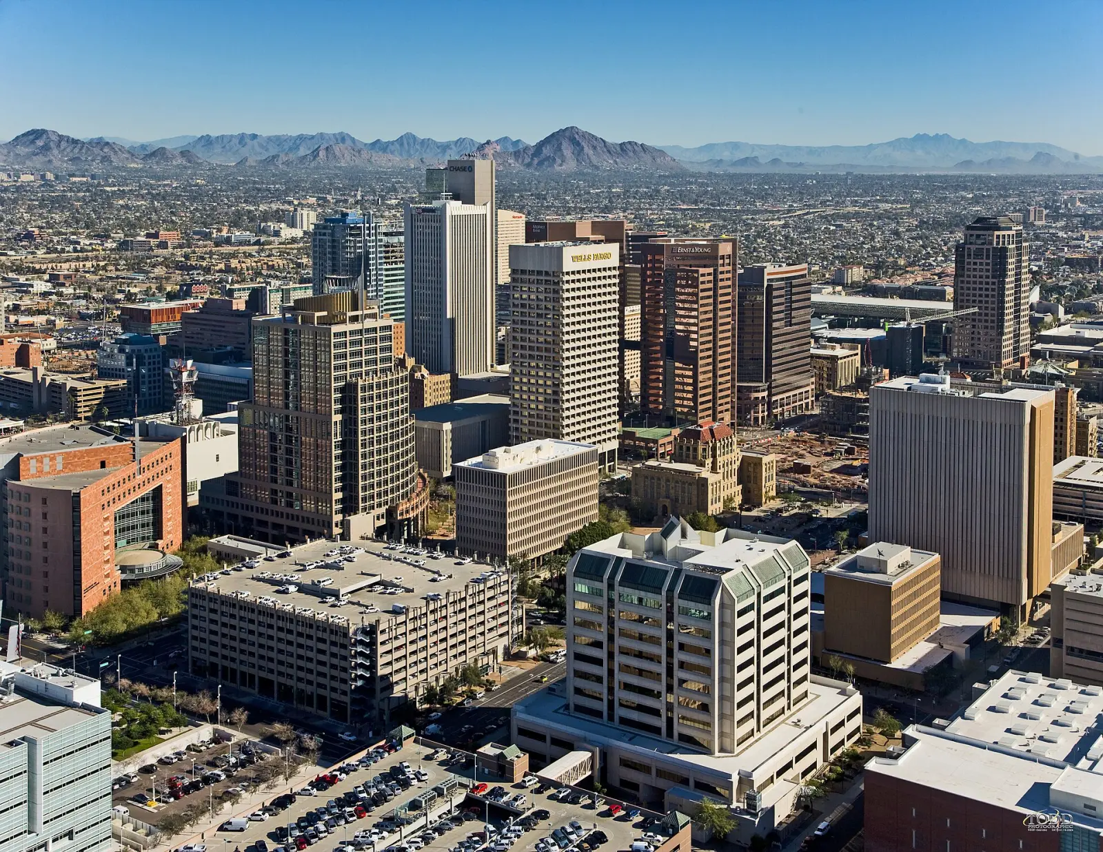 Downtown Phoenix office towers from the air, looking northeast
